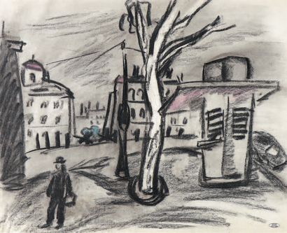 Marcel SAINT-JEAN (1914-1994) 
Place animée à La Croix-Rousse
Pastel et fusain, portant...