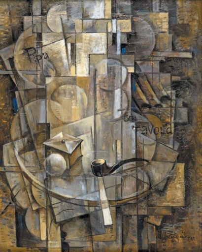 Aram Koupetzian (né en 1928) 
Composition cubiste à la pipe
Huile sur carton, signée...