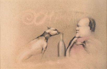 Georges BRU (né en 1933) 
Homme, chien et bouteille
Mine de plomb, crayons de couleur...