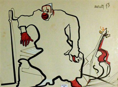 Raymond MORETTI (1931-2005) 
Le clown musicien Encre et rehauts de gouache, signée...