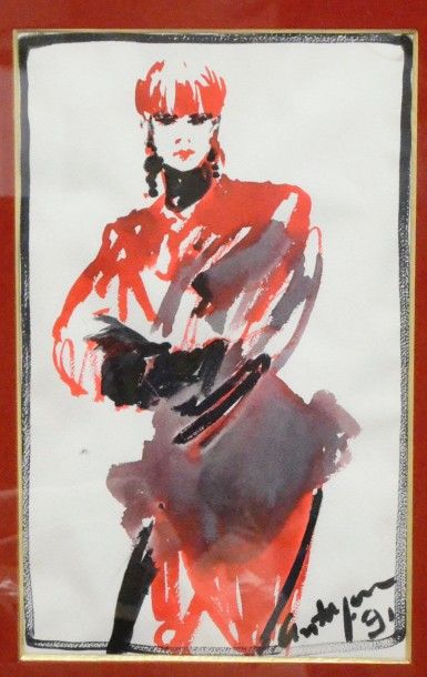 Arès ANTOYAN (Né en 1955) 
Jeune femme en rouge
Lavis d'encre de couleurs, signé...
