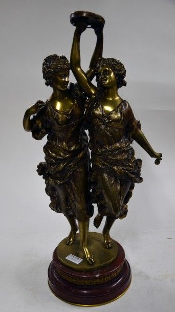 Ernest RANCOULET (1870-1915) Deux danseuses au tambourin, bronze à patine dorée,...
