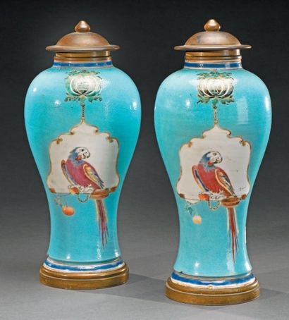CHINE, XVIIIe SIÈCLE Paire de vases en porcelaine émaillée bleu décorée en émaux...