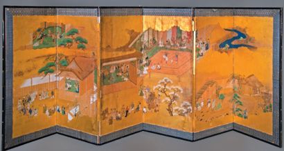 Japon, XVIIIe siècle Paravent à six feuilles, encre polychrome sur feuille or, personnages...