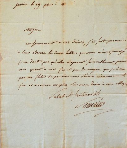 Maréchal SÉRURIER (1742/1819) L.A.S. 1 p. in-4. Paris, 19 pluviôse an 8. Adresse...