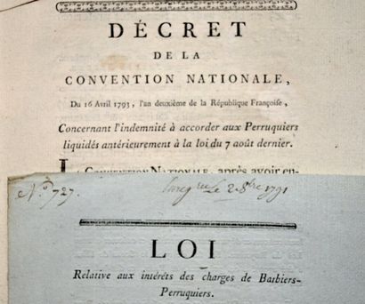 null BARBIERS ET PERRUQUIERS. 2 imprimés, 1791-1793.
Loi relative aux intérêts des...