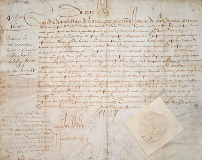 HENRI IV Pièce signée. Parchemin. «Au camp de Chamont, 4 septembre 1600». Sceau sous...