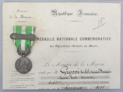 France Diplôme et médaille de l'expédition de 1909 au Maroc attribué à un marin,...