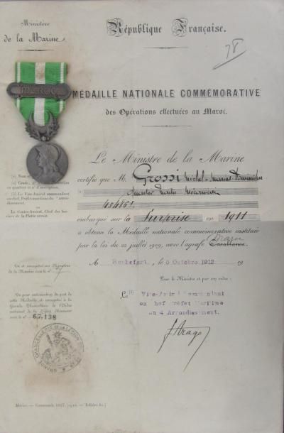 France Diplôme et médaille de l'expédition de 1909 au Maroc attribué à un marin,...