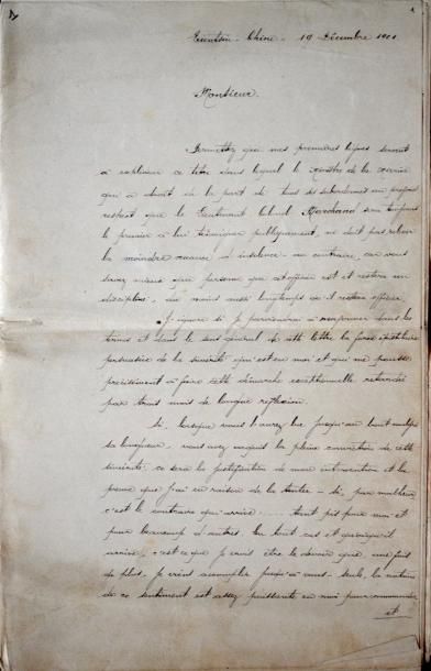 null LETTRE À LANESSAN. Manuscrit de 28 pp. in-folio. Tientsin, 19 décembre 1901.
Copie...