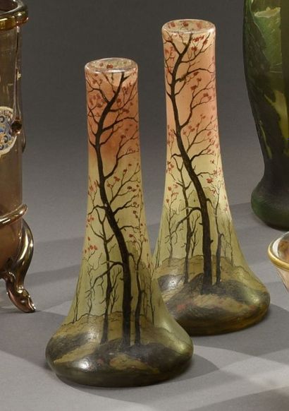LEGRAS Arbres en automne
Paire de vases soliflores
Épreuves en verre au décor émaillé...