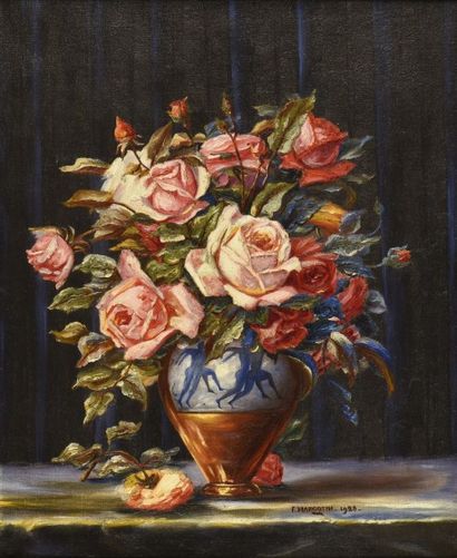 F. MARGOTIN (XXe siècle) Bouquet de roses dans un vase d'André Metthey, 1928
Huile...
