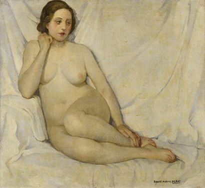 Roger-Marius DEBAT (1906-1972) Modèle assis au drap blanc
Huile sur toile signée...