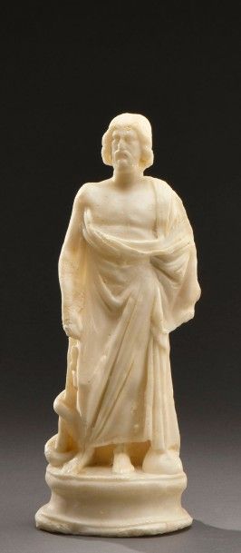 null Statuette en albâtre sculpté en ronde-bosse représentant Esculape. Le dieu de...