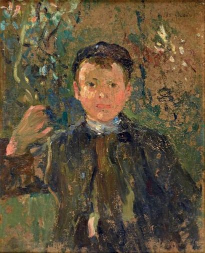Jules ADLER (1865-1952) 
Le petit garçon à la branche fleurie
Huile sur carton, signée...