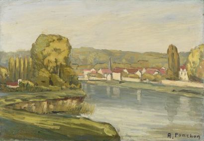 Antonin Ponchon (1885-1965) 
Village en bords de Saône
Huile sur toile, signée en...