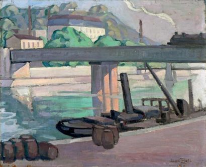 Adrien BAS (1884-1925) 
Train à vapeur franchissant la Saône sur le pont de chemin...
