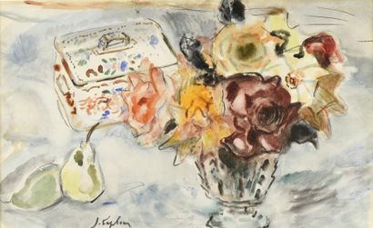 Jacques LAPLACE (1890-1955) 
Fleurs et poires
Aquarelle, signée en bas à gauche
H....