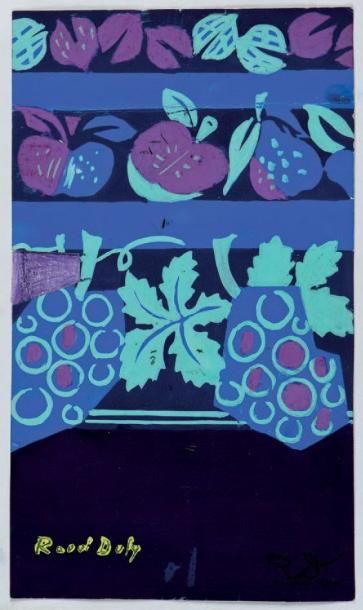 Raoul DUFY (1877-1953) 
Frise de fruits d'automne en bleu
Gouache sur fond bleu marine...