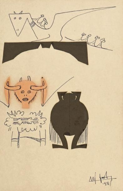 Wifredo LAM (1902-1982) 
Animaux fantastiques
Encre (plume) et collage de papiers...