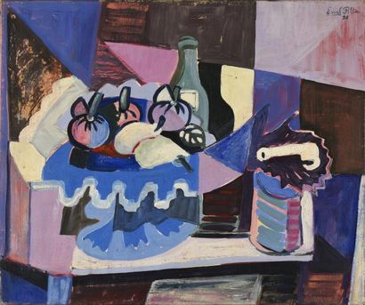 null Emil FILLA (1882-1953) Composition cubiste aux fruits et à la bouteille, 1926...