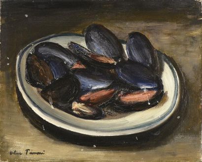 Henri OLIVE-TAMARI (1898-1980) 
Assiette de moules
Huile sur toile, signée en bas...