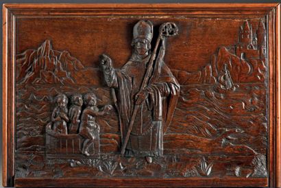 null Panneau en bois sculpté représentant saint Nicolas
XVIIe siècle
H. 44 cm - L....