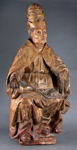 null Grande statue en bois sculpté doré et polychrome figurant un pape coiffé de...