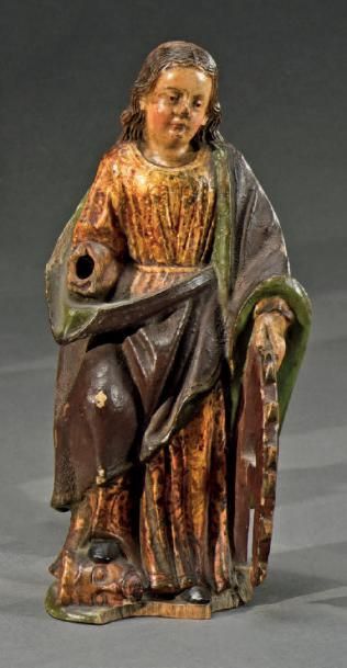 null Statuette en bois sculpté polychrome et or, figurant sainte Catherine
Allemagne,...
