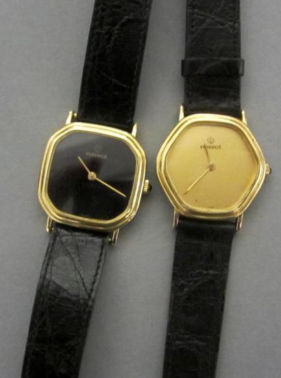 FABERGE Lot de deux montres en or jaune 18K (750/°°), l'une cadran coussin à fond...