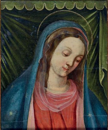 École ESPAGNOLE (?) du XVIIe siècle 
Vierge en buste
Panneau parqueté (fragment)
H....