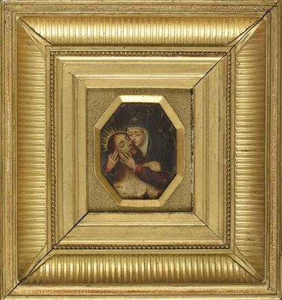 École Française du XVIIe siècle 
Pietà
H. 11 cm - L. 8,5 cm
Manques et trous
Cadre...