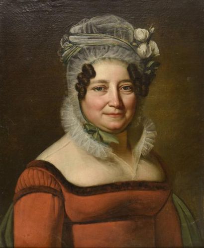 École FRANÇAISE du début du XIXe siècle 
Portrait de femme à la robe rouge et au...