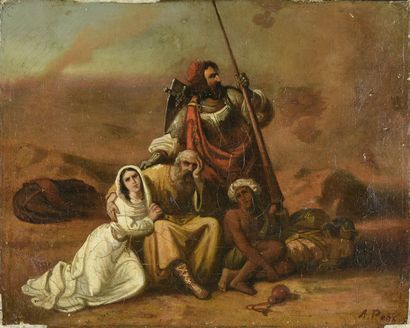 A. PONS (XIXe siècle) 
Chevalier et pèlerins dans le désert
Huile sur toile signée...