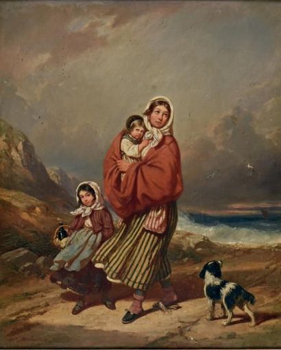 Auguste DELACROIX (1809-1868) 
La famille du marin
Huile sur toile signée en bas...