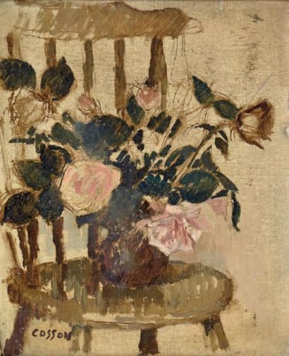 Marcel COSSON (1878-1956) 
Bouquet de roses sur une chaise
Huile sur toile marouflée...