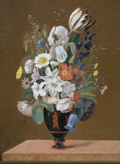 ECOLE LYONNAISE du XIXe siècle 
Nature morte de fleurs au vase étrusque
Aquarelle...