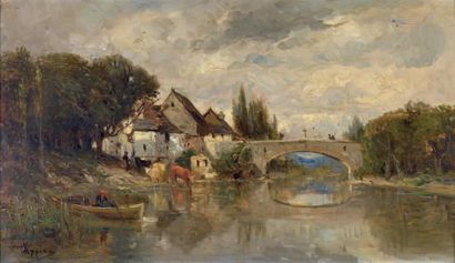 Adolphe APPIAN (1818-1898) 
Vue d'un village au bord de l'eau
Huile sur toile signée...