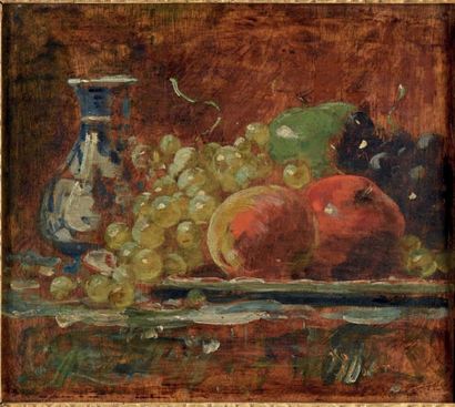 François VERNAY (1821-1896) 
Nature morte aux fruits et vase bleu
Huile sur panneau...