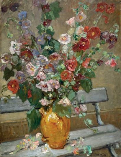 Jacques MARTIN (1844-1919) 
Bouquet de roses trémières sur un banc
Huile sur toile...
