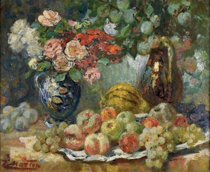 Jacques MARTIN (1844-1919) 
Nature morte, roses et fruits d'automne
Huile sur toile...