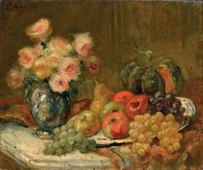 Jacques MARTIN (1844-1919) 
Nature morte, roses, poires et fruits d'automne
Huile...