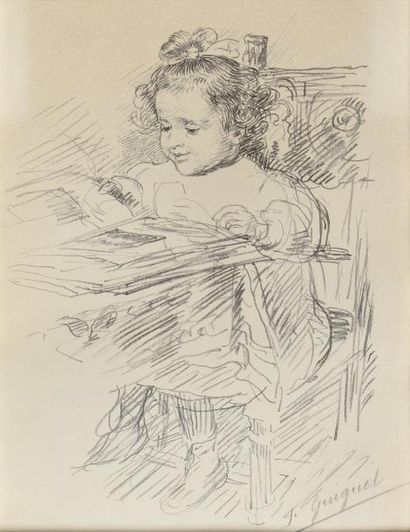 François Joseph GUIGUET (1860-1937) 
Petite fille assise à la lecture
Mine de plomb...