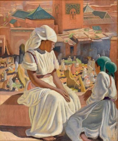 René MARTIN (1891-1977) 
Femmes devant le marché au Maghreb
Pastel signé en bas à...