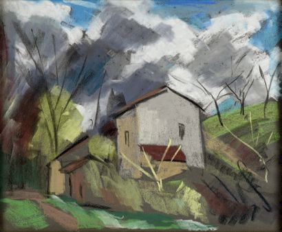 Adrien BAS (1884-1925) 
Vue de maison, ciel d'orage
Pastel sur papier signé en bas...