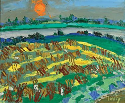 Jean COUTY (1907-1991) 
Meules au coucher de soleil
Huile sur toile signée en bas...
