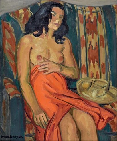 Yves BRAYER (1907-1990) 
Nu à la draperie rouge
Huile sur toile signée en bas à gauche,...