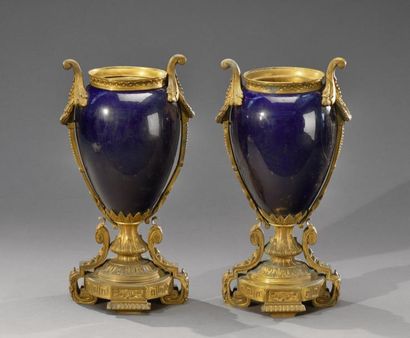 null Paire de vases en porcelaine bleue, monture en bronze

De style Louis XVI

H....