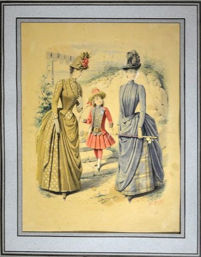 null Trois maquettes de gravures de mode, seconde moitié du XIXe siècle, gouache...