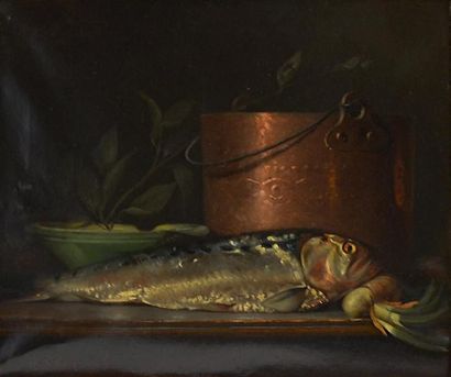 null Jules Jacques Olivier de COCQUEREL (1838 - 1903) 
Nature morte au poisson
Huile...